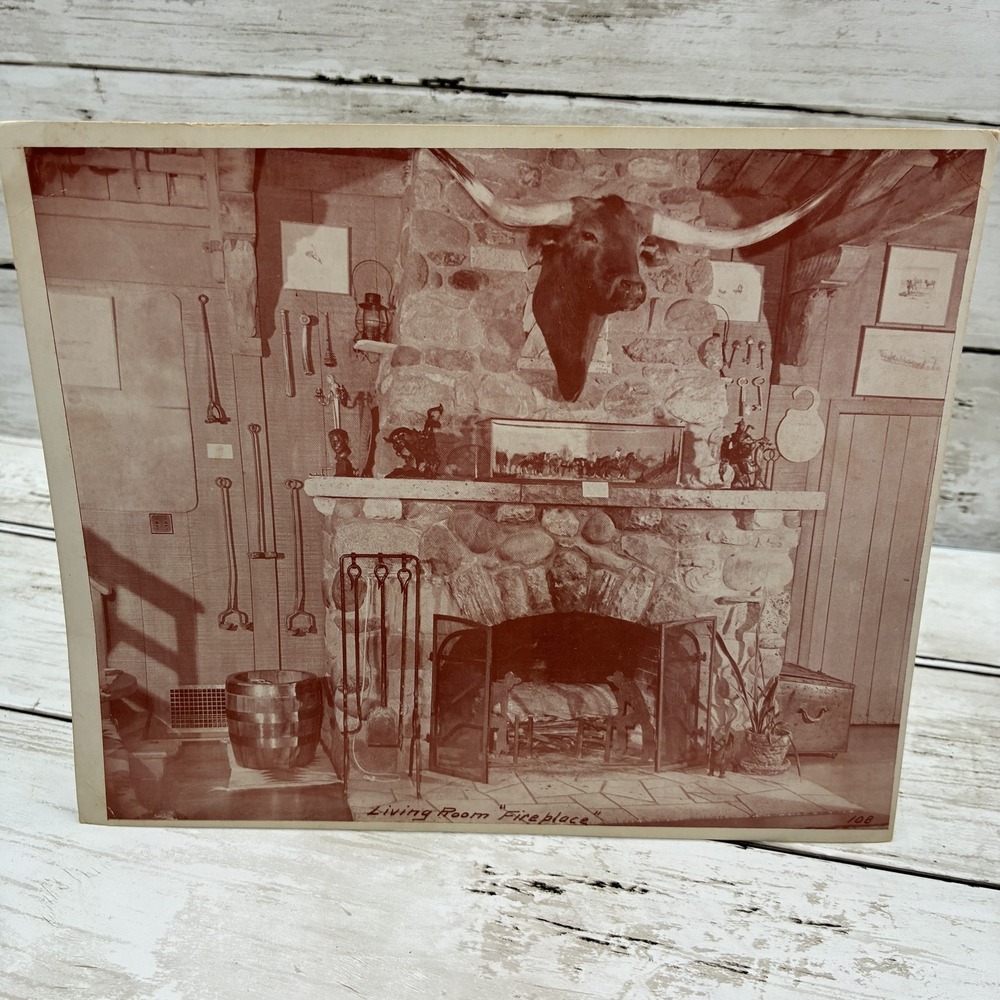 Vintage Giant Postcard Will Rogers State Park Living Room Fireplace Longhorn